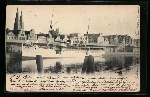 AK Lübeck, Hafen mit Dampfer Linnea