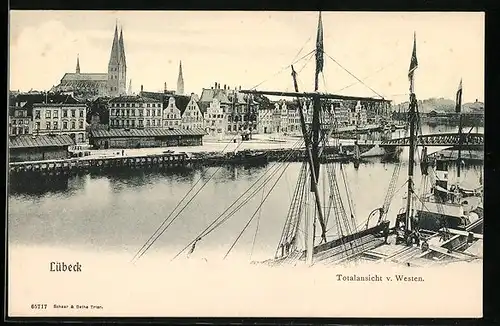 AK Lübeck, Hafen, Totalansicht von Westen