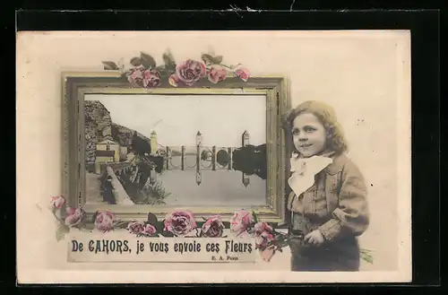 AK Cahors, Blick auf die Brücke, Junge mit Bilderrahmen, Passepartout