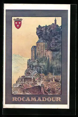 Künstler-AK Rocamadour, Gesamtansicht, Kirche