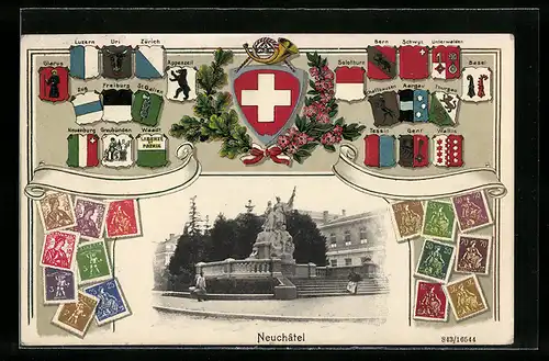 Passepartout-AK St. Margrethen, Bahnhof, Wappen von Basel, Genf und Wallis, Briefmaken