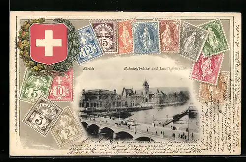 Präge-AK Zürich, Bahnhofbrücke und Landesmuseum, Briefmarken und schweizer Wappen