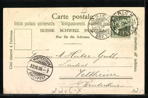 Präge-AK Zürich, Bahnhofbrücke und Landesmuseum, Briefmarken und schweizer Wappen