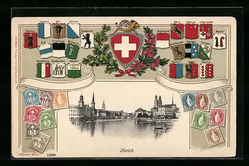 Präge-AK Zürich, Blick vom Limmat auf die Stadt, gerahmt von Briefmarken und Wappen der Kantone