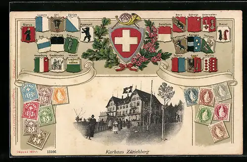 AK Zürich, Gasthaus Kurhaus Zürichberg, Briefmarken und Wappen der Kantone