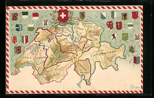 AK Landkarte der Schweiz mit eingezeichneten Kantonen und Wappen