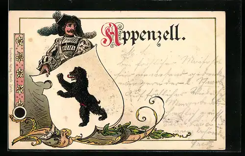Lithographie Appenzell, Landsknecht mit Wappen des Kantons