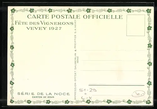 Künstler-AK sign. E. Biéler: Vevey, Fete des Vignerons 1927, Canton de Zoug, Serie de la Noce, Tracht