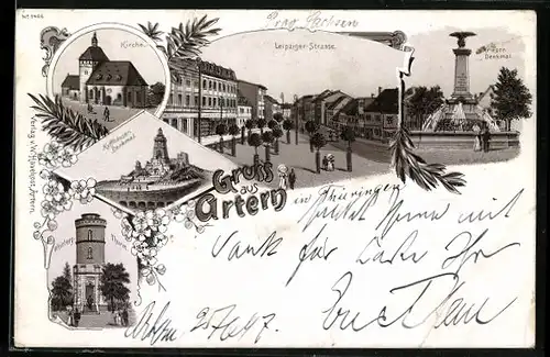 Lithographie Artern, Kyffhäuser-Denkmal, Kirche, Weinberg-Turm