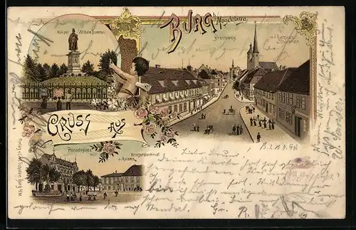 Lithographie Burg, Kaiser Wilhelm-Denkmal, Paradeplatz mit Kriegerdenkmal & Roland, Breiteweg