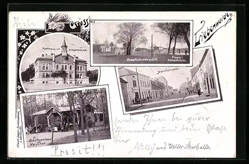 AK Liebenwalde, Gasthaus Schützenhaus Haidchen, Dampfschneidemühle und Finow-Kanalbrücke, Rathaus mit Kriegerdenkmal