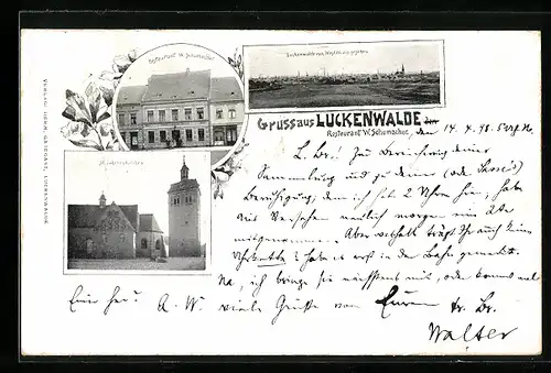 AK Luckenwalde, Restaurant W. Schumacher, St. Johanniskirche, Teilansicht von Westen aus gesehen