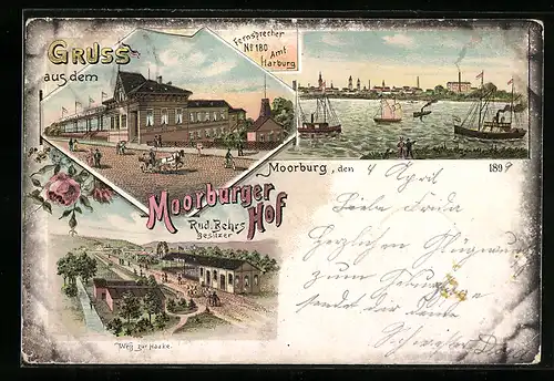 Lithographie Hamburg-Moorburg, Gasthaus Moorburger, Hof, Weg zur Haake, Uferpartie mit Booten