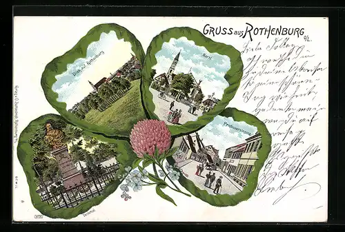 Passepartout-Lithographie Rothenburg, Markt, Priebuserstrasse und Denkmal im Kleeblatt