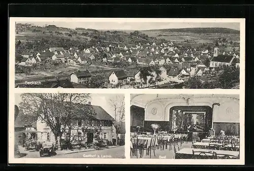 AK Seckach / Baden, Gasthof zum Lamm, Innenansicht Saal, Ortsansicht