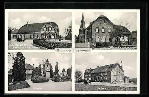 AK Hoennepel, Gasthaus und Bäckerei Karl Janssen, Molkerei, Ehrenmal