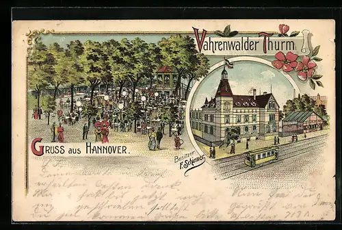 Lithographie Hannover, Gasthaus Vahrenwalder Thurm, Strassenbahn