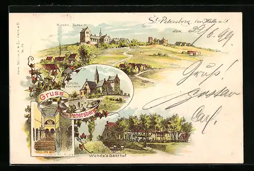 Lithographie Petersberg / Halle a. S., Gasthof Wehde, Kirche, Inneres der Kirche