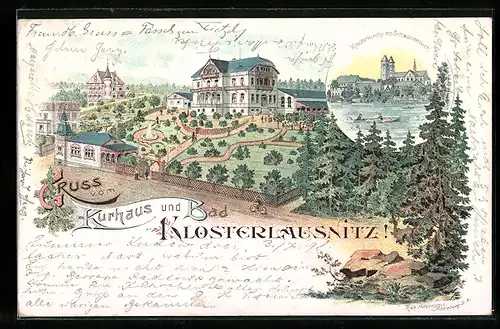 Lithographie Klosterlausnitz, Kurhaus und Bad, Klosterkirche mit Schwanenteich