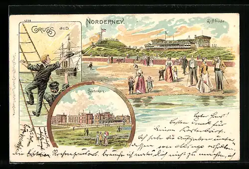 Lithographie Norderney, Seehospiz, Giftbude mit Strand, Matrosen winken Dampfer zu