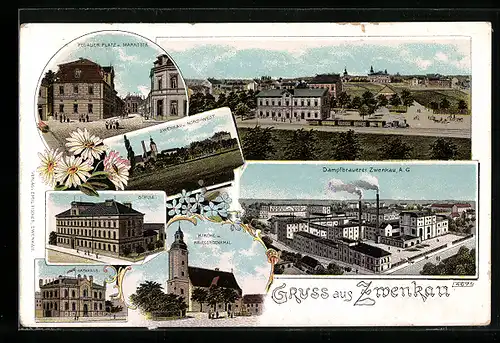 Lithographie Zwenkau, Dampfbrauerei Zwenkau AG, Schule, Rathaus