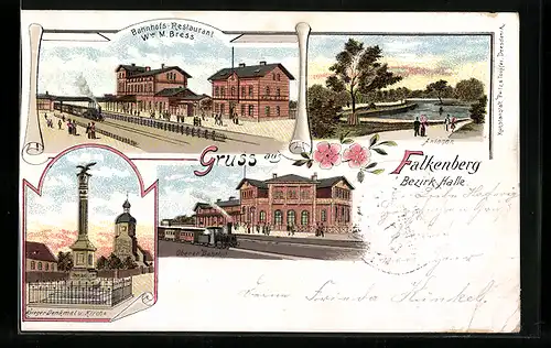 Lithographie Falkenberg /Bezirk Halle, Bahnhofs-Restaurant Witwe M. Bress, Oberer Bahnhof, Anlagen