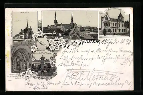 Lithographie Nauen, Rathaus, Kaiserliches Postamt, Inneres der St. Jacobi-Kirche
