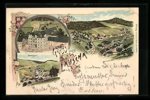 Lithographie Lauscha, Hotel Böhm, Ansicht oberes Dorf, Bahnhofstrasse