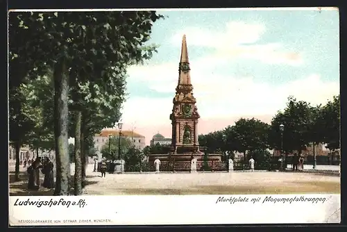 AK Ludwigshafen, Marktplatz mit Monumentalbrunnen