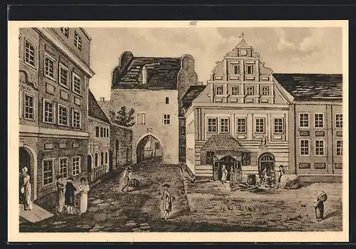 Künstler-AK Alt-Meissen, Fleischertor von innen mit Strasse Fleischergasse und Koch`schem Haus