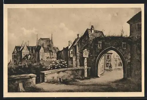 Künstler-AK Alt-Meissen, Lommatzscher Tor mit Blick auf die Burg