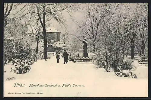 AK Zittau, Marschner-Denkmal und Held`s Terrasse im Schnee