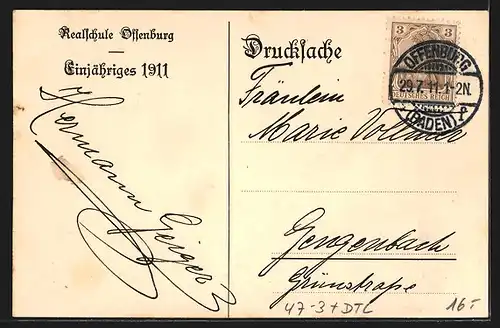 Künstler-AK Offenburg, Einjähriges 1911, Absolvia