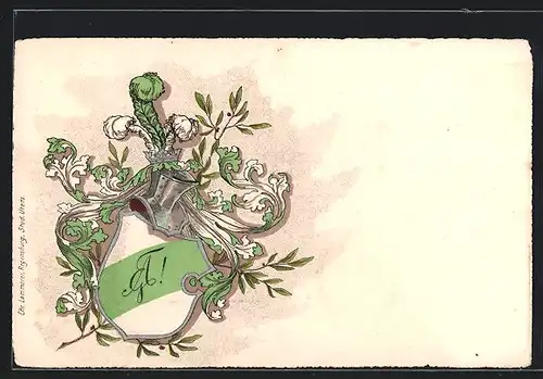 Lithographie Studentenwappen in grün und Silber