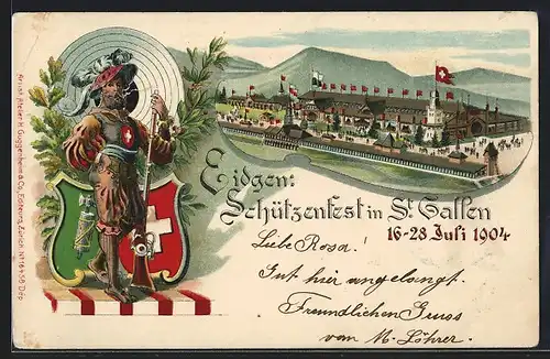 Lithographie St. Gallen, Eidgen. Schützenfest 1904, Festhalle, Schütze mit Gewehr vor Zielscheibe