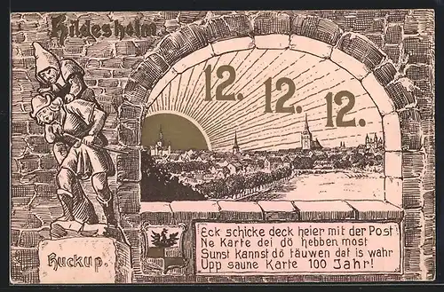 AK Hildesheim, Aufgehende Sonne über der Stadt mit dem anstronomischen Datum des 12.12.12