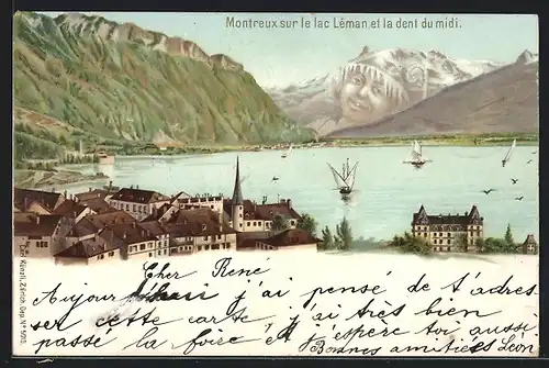 Lithographie Künzli Nr. 5019: Montreux sur le lac Leman et la dent du midi, Berg mit Berggesicht, Berggesichter