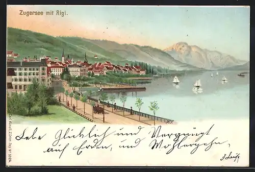 Lithographie Künzli Nr. 5024: Zug, Promenade am Zugersee mit Rigi, Berg mit Gesicht / Berggesichter