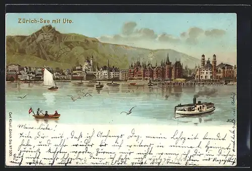 Lithographie Zürich-See mit Uto, Künzli Nr. 5013, Berg mit Gesicht / Berggesichter