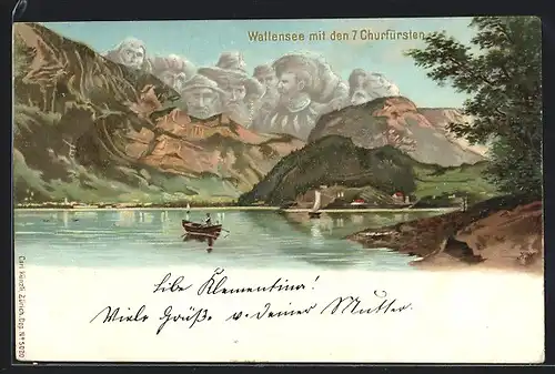 Lithographie Künzli Nr. 5020: Wallensee, Teilansicht mit den 7 Churfürsten und Boot, Berg mit Gesicht / Berggesichter
