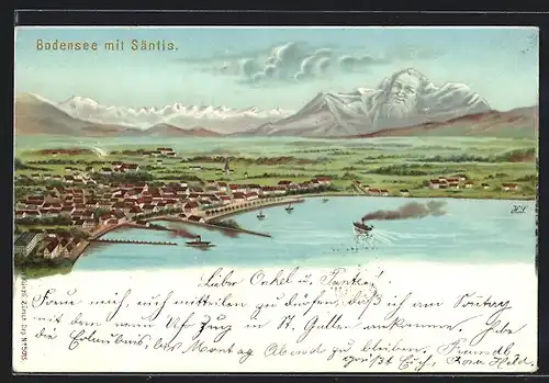 Lithographie Künzli Nr. 5015: Bodensee mit Säntis, Berg mit Gesicht / Berggesichter