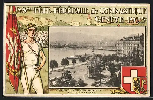 AK Genève, 58 me Fête Fédérale de Gymnastique 1925, Monument Brunswick et vue sur la ville