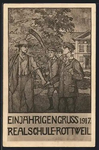 Künstler-AK Rottweil, Einjährigengruss 1917 der Realschule, Schüler und Bauer halten sich an den Händen