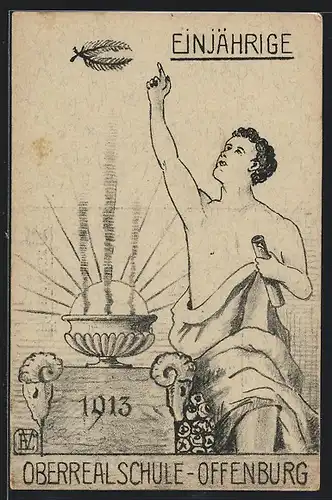 Künstler-AK Offenburg, Oberrealschule, Einjährige, 1913, Absolvia