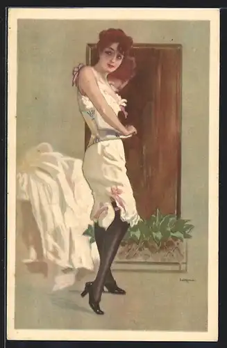 Künstler-AK Leopoldo Metlicovitz: Schöne Frau in Unterwäsche beim Anlegen ihres Korsetts