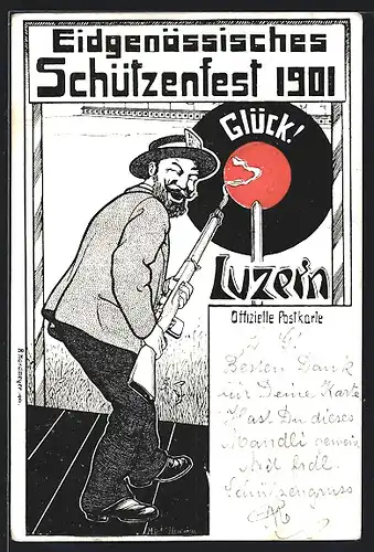 Lithographie Luzern, Eidgen. Schützenfest 1901, Schütze mit rauchendem Gewehr und Zielscheibe