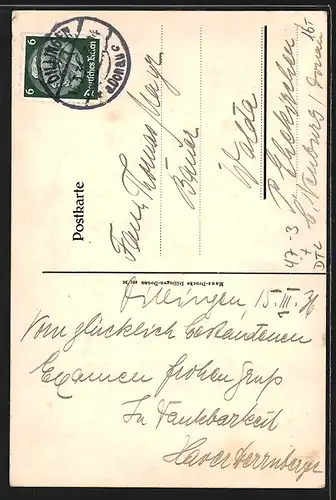 Künstler-AK Dillingen, Absolvia 1936, Springreiter mit strahlender Sonne