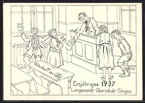 Künstler-AK Singen, Einjähriges 1937, Langemarck-Oberschule-Singen