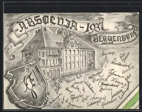 Künstler-AK Deggendorf, Absolvia 1937, Schule, Wappen mit Zirkel