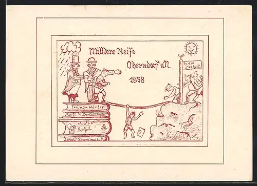 Künstler-AK Oberndorf a. N., Absolvia Mittlere Reife 1938, Schüler hangeln sich in die Freiheit